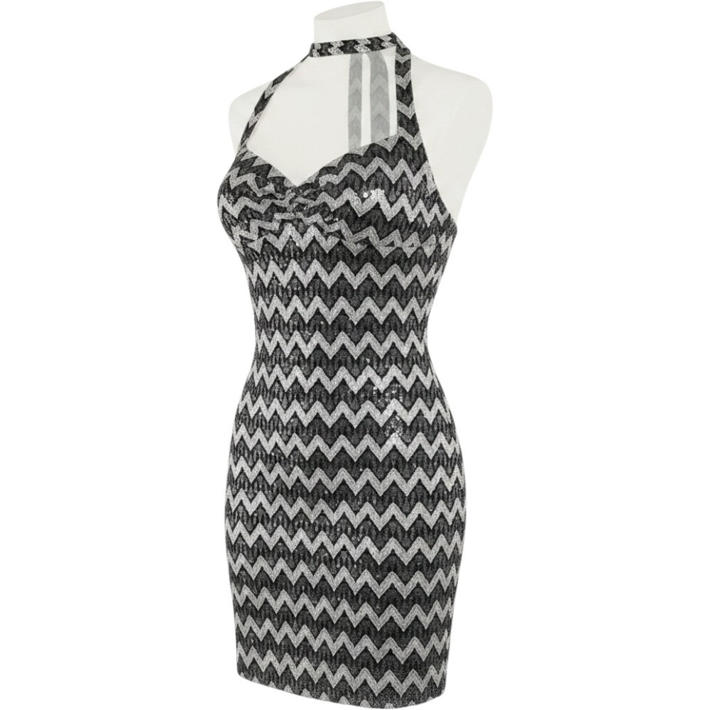 Chevron Lace Halter Bodycon Dress Sz S Silver Black Metallic Mini Party Glam
